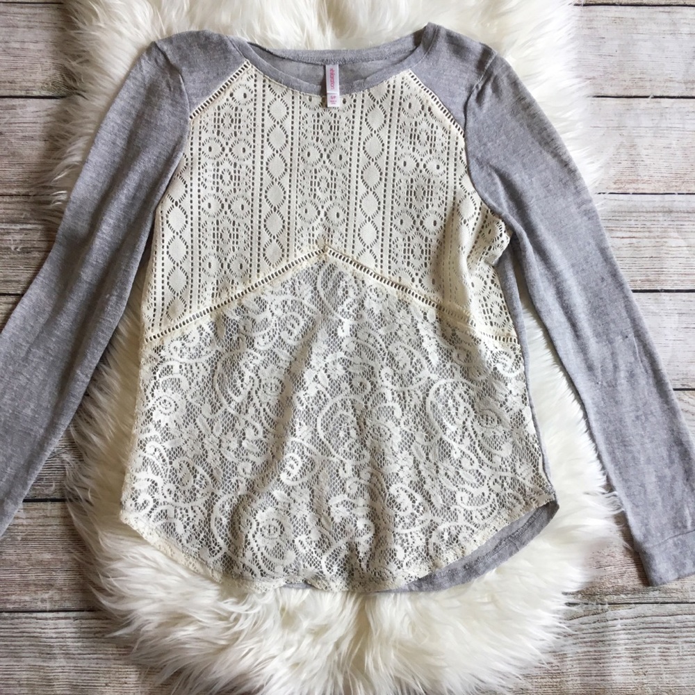 Gray and Cream Lace Long Sleeve Top